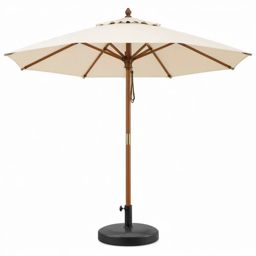 Houten tuinparasol met ronde voet, Ø 300 cm, crèmekleurig