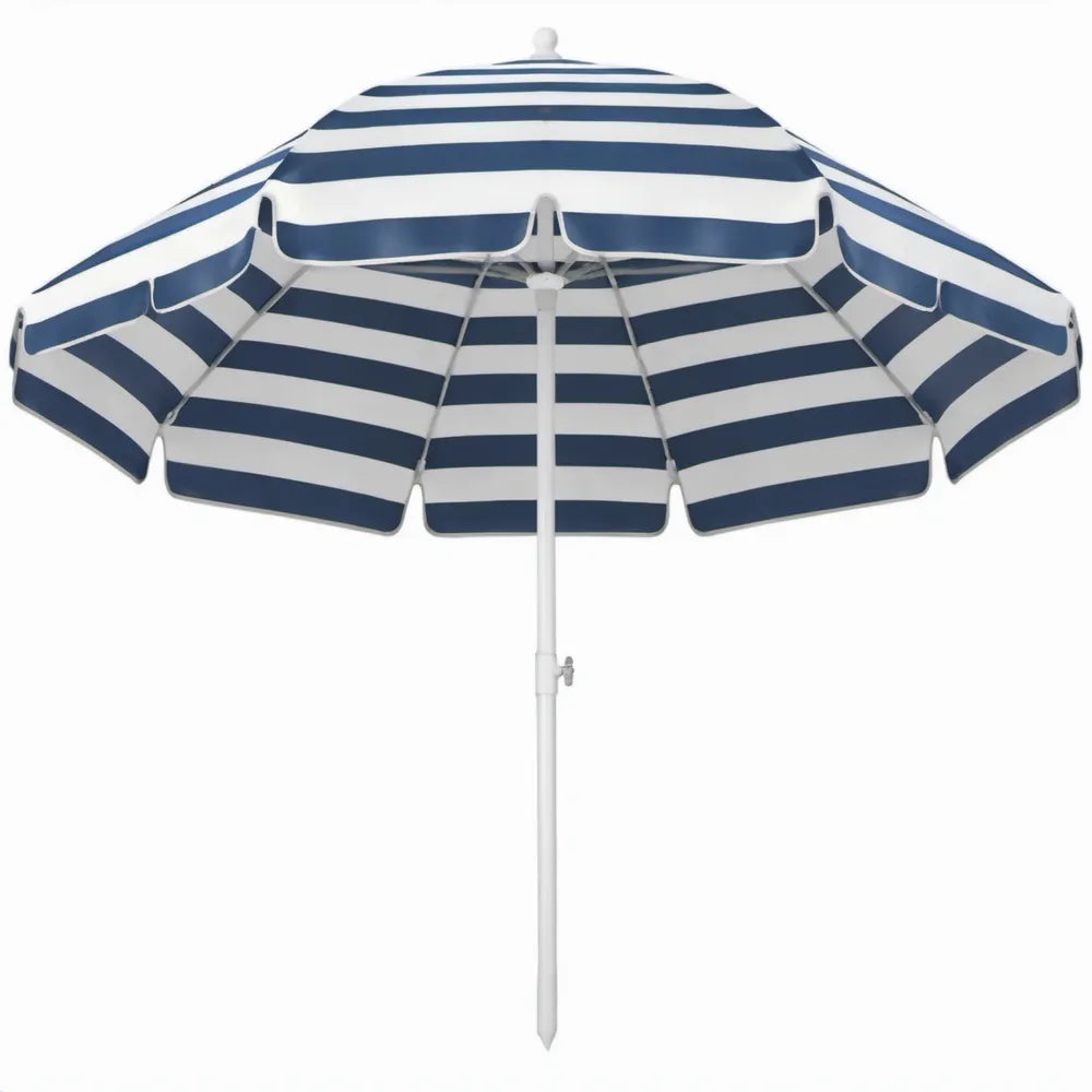 Ronde strandparasol Ø180 cm blauw/wit polyester met stalen frame, hoogte 200 cm