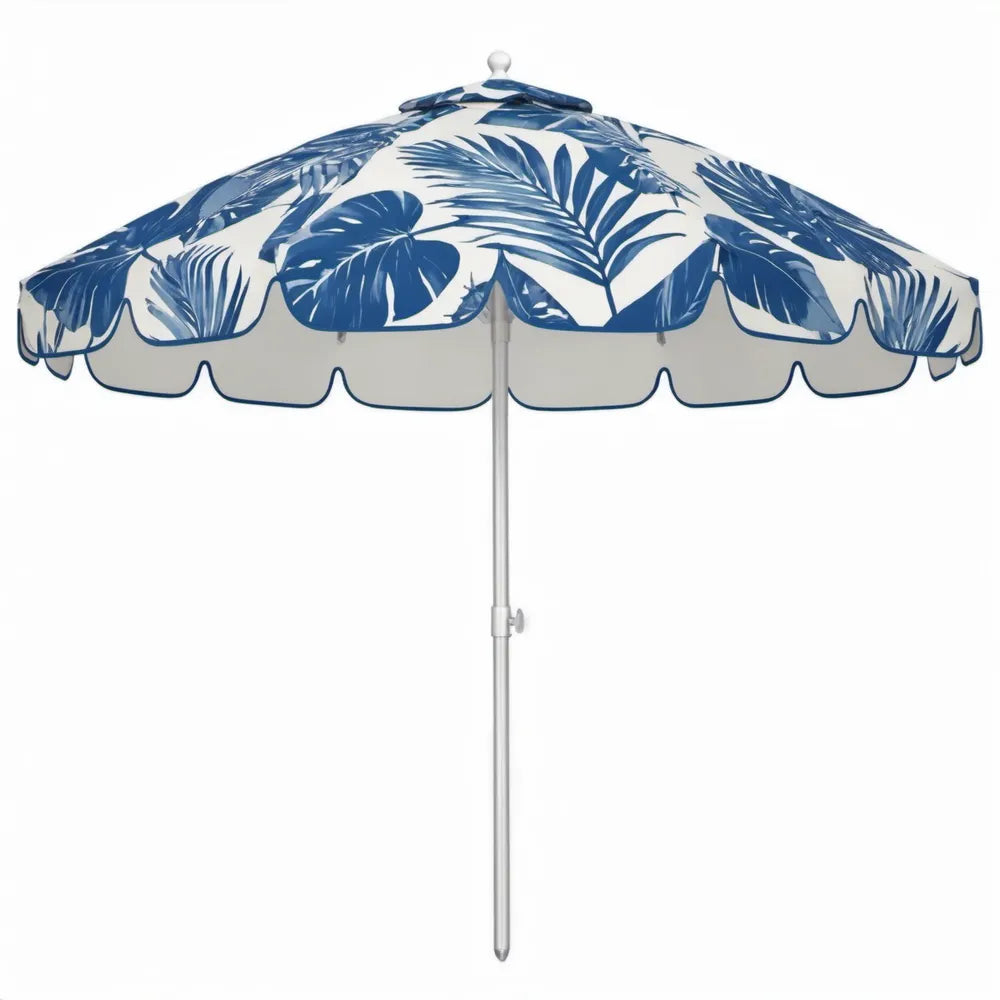 Ronde tuinparasol Ø 180 cm blauw/wit met botanisch bladpatroon, hoogte 195 cm