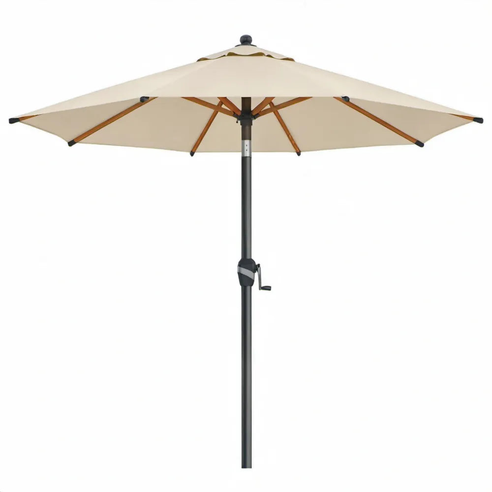 Ronde tuinparasol Ø 300 cm, beige, met houten baleinen en zwarte aluminium mast