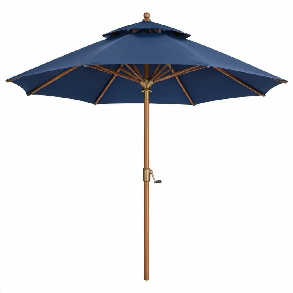 Achthoekige houten parasol met dubbele kap Ø 300 cm, hoogte 250 cm, donkerblauw