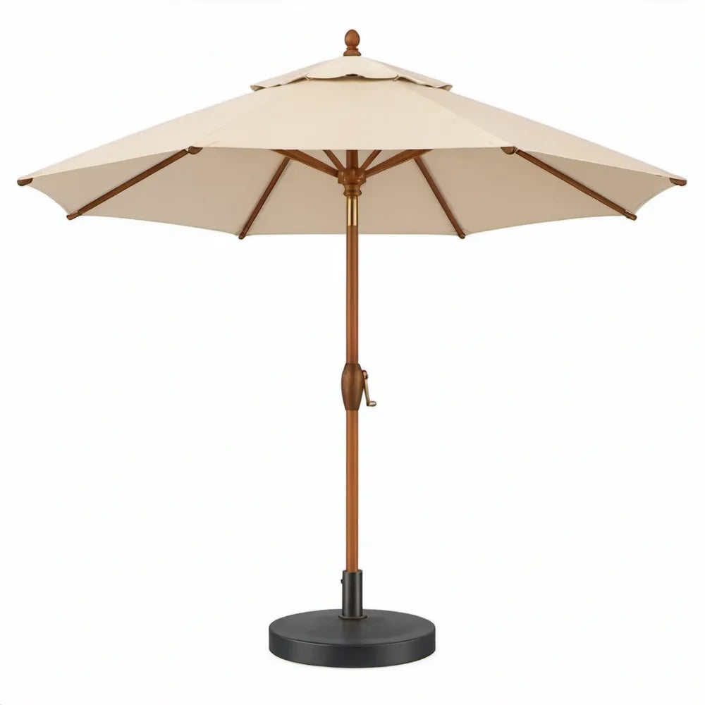 Ronde tuinparasol met voet Ø 300 cm, hoogte 250 cm, beige eucalyptushout en polyester