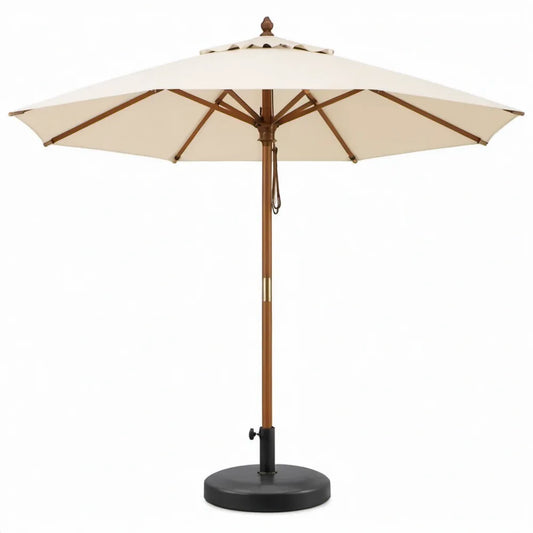Houten tuinparasol met ronde voet, Ø 300 cm, crèmekleurig