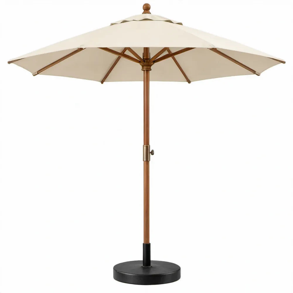 Ronde houten tuinparasol Ø 300 cm, crème polyester met zwarte ronde voet