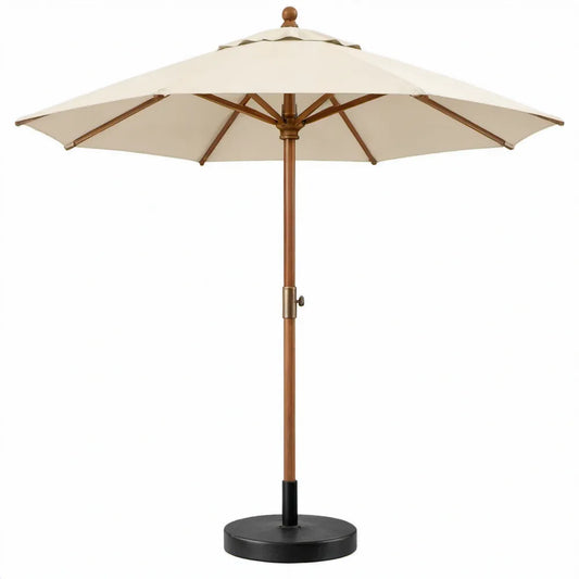 Ronde houten tuinparasol Ø 300 cm, crème polyester met zwarte ronde voet