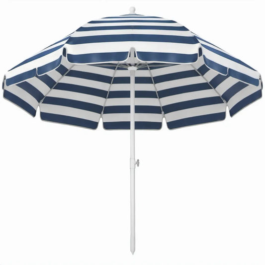Ronde strandparasol Ø180 cm blauw/wit polyester met stalen frame, hoogte 200 cm