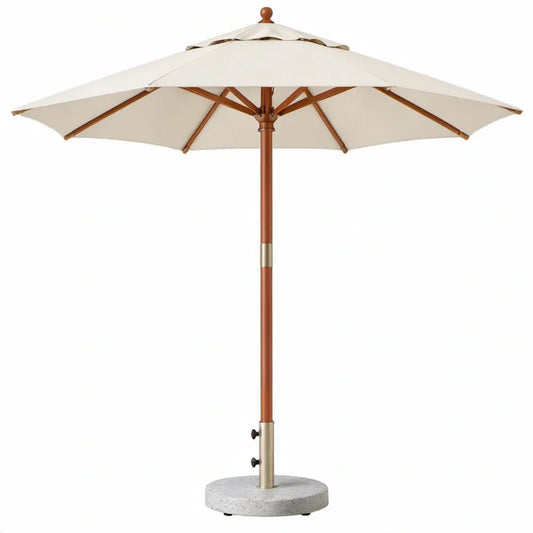Houten tuinparasol Ø 300 cm met ronde betonnen voet - Crème/Bruin/Grijs