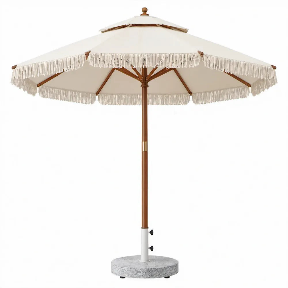 Ronde tuinparasol 270 cm gebroken wit met franjes, houten mast en granieten voet