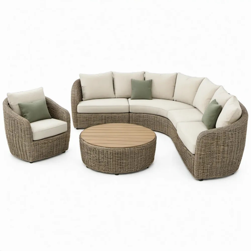 3-delige gebogen tuinlounge van PE-rattan in taupe, crème, olijfgroen en beige – bank 300 x 150 x 85 cm, fauteuil 82 x 80 x 85 cm, tafel Ø 100 x 45 cm