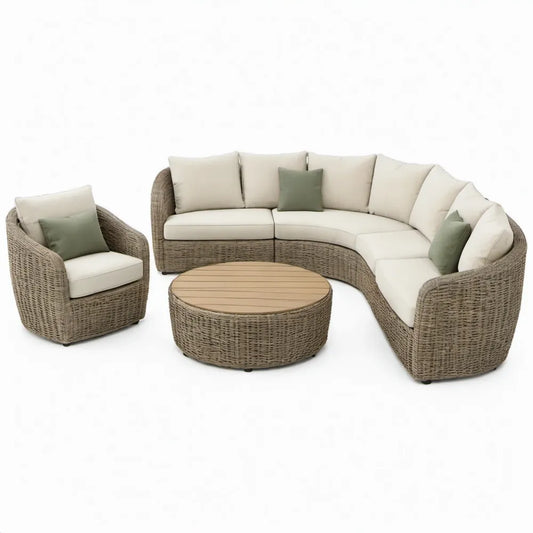 3-delige gebogen tuinlounge van PE-rattan in taupe, crème, olijfgroen en beige – bank 300 x 150 x 85 cm, fauteuil 82 x 80 x 85 cm, tafel Ø 100 x 45 cm
