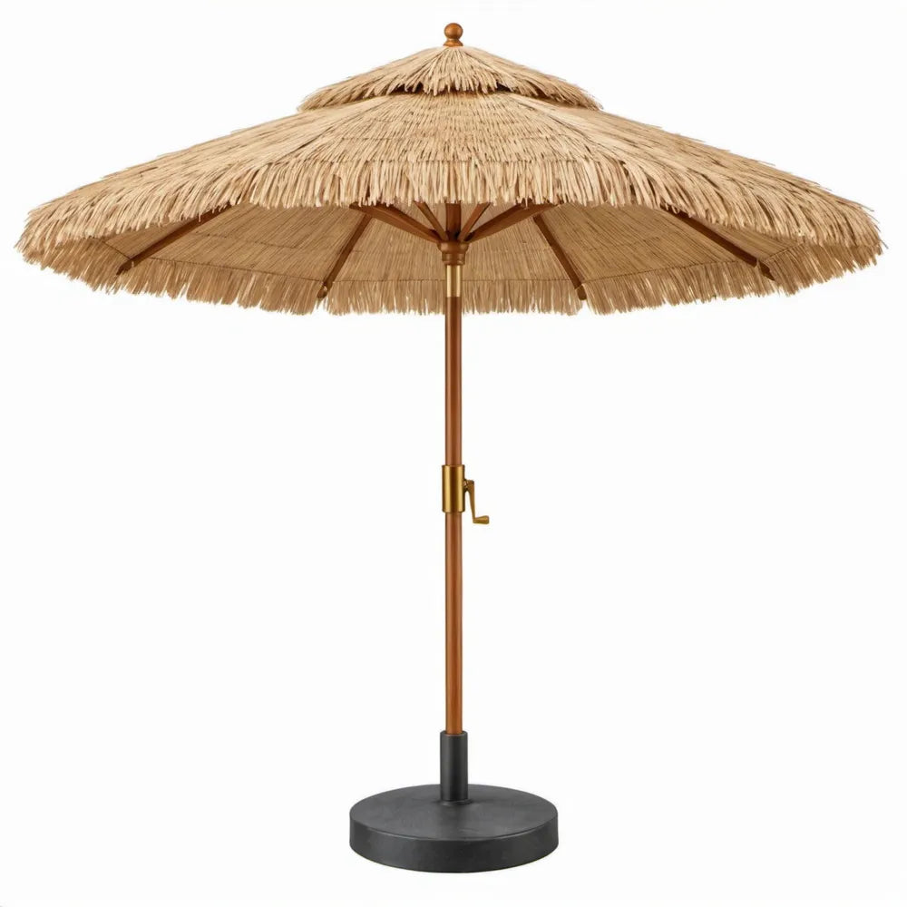 Ronde stroparasol met houten mast, zwengel en zwarte voet – Ø 250 cm