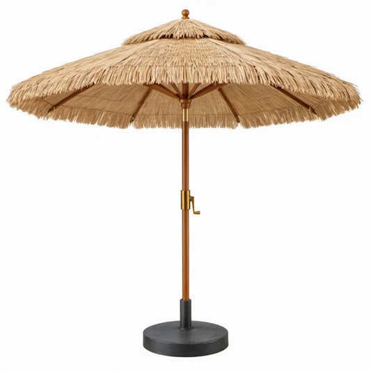 Ronde stroparasol met houten mast, zwengel en zwarte voet – Ø 250 cm