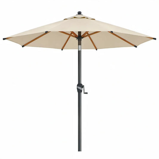 Ronde tuinparasol Ø 300 cm, beige, met houten baleinen en zwarte aluminium mast