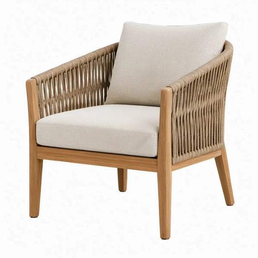 Tuinstoel met armleuningen, acaciahout en gevlochten touw, naturel bruin/beige, 68 x 74 x 82 cm