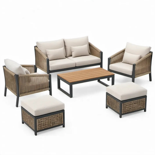 6-delige tuinloungeset met 2-zitsbank, 2 fauteuils, 2 voetenbanken en salontafel – Beige/Zwart/Naturel – bank 145 x 76 x 78 cm, tafel 110 x 60 x 43 cm