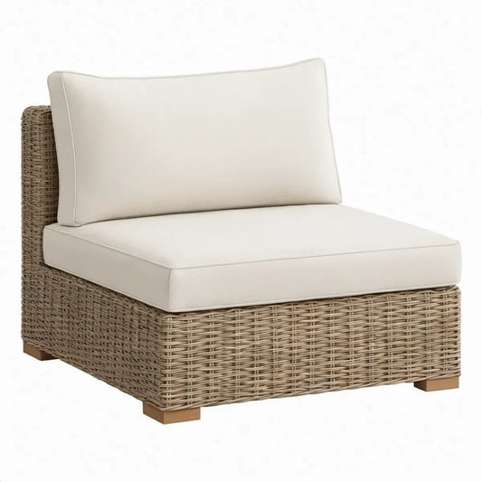 Armloze tuinlounge-middenmodule 85 x 85 x 85 cm met beige kussens en naturelbruin PE-vlechtwerk