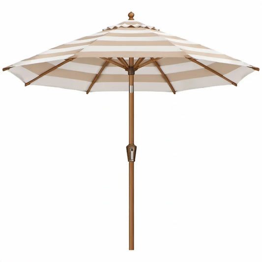 Ronde stokparasol Ø 270 cm, beige/wit gestreept, met hardhouten mast