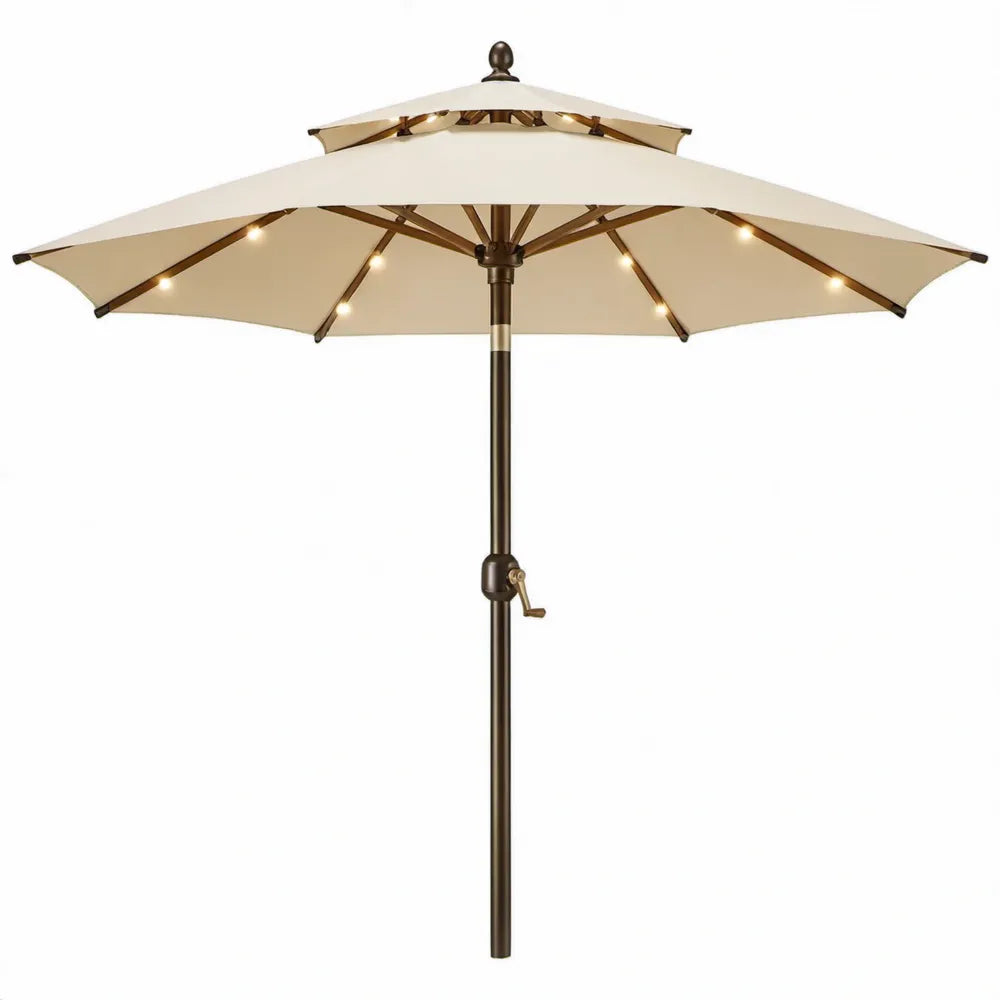 Ronde tuinparasol met ledverlichting en dubbele kap Ø 300 cm, crème/brons