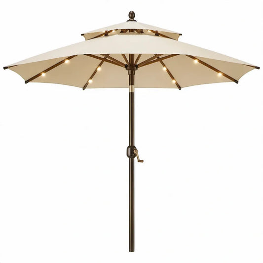 Ronde tuinparasol met ledverlichting en dubbele kap Ø 300 cm, crème/brons