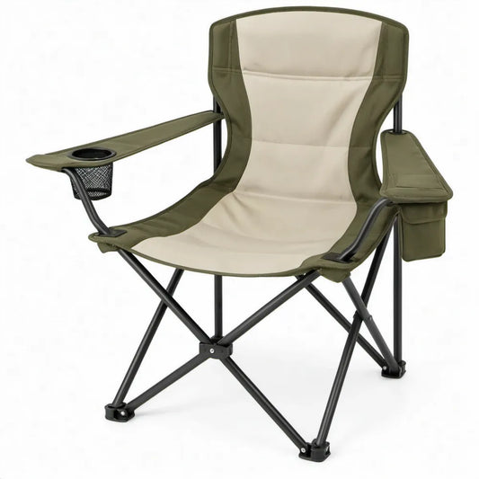 Inklapbare stoel met armleuningen, bekerhouder en zijvak, 60 x 85 x 100 cm, olijfgroen/crème/zwart