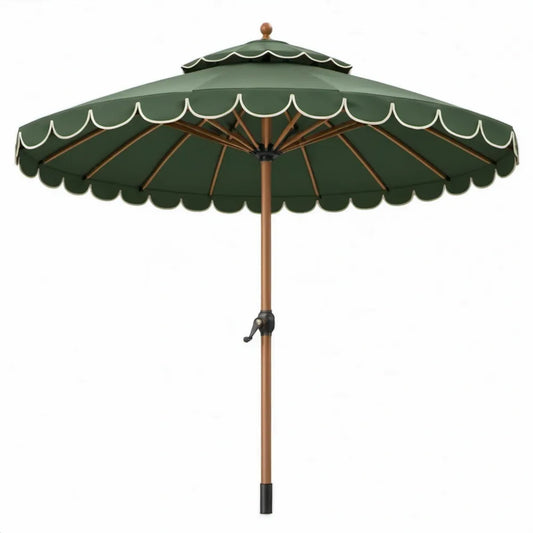 Ronde tuinparasol Ø 300 cm, donkergroen met witte bies en hardhouten mast