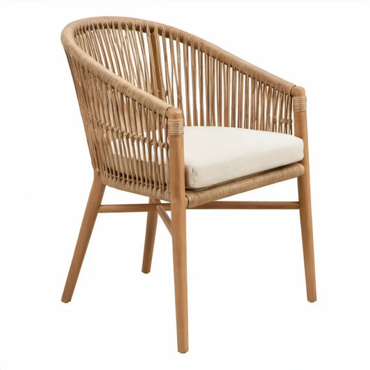 Rotan terrasstoel met beige zitkussen en ronde rugleuning, 58 x 60 x 80 cm