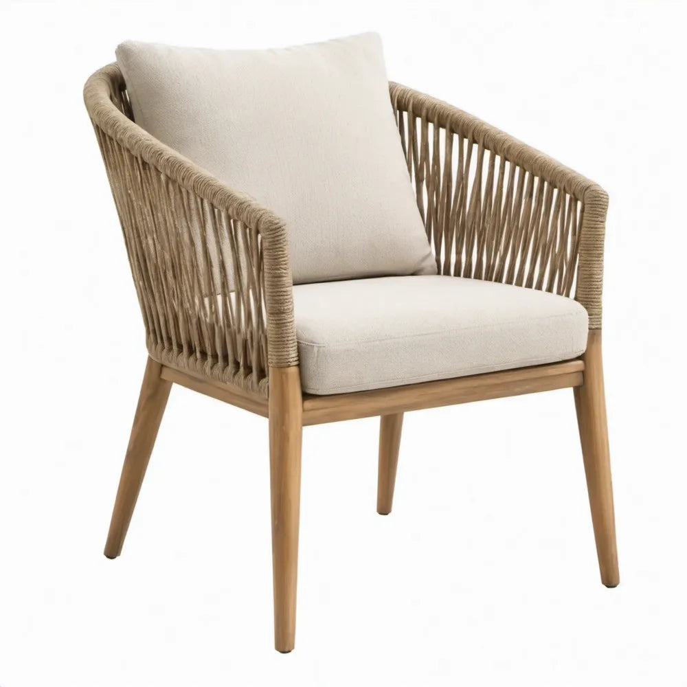 Tuinstoel met armleuningen van massief acaciahout en beige polypropyleentouw, 65 x 65 x 80 cm