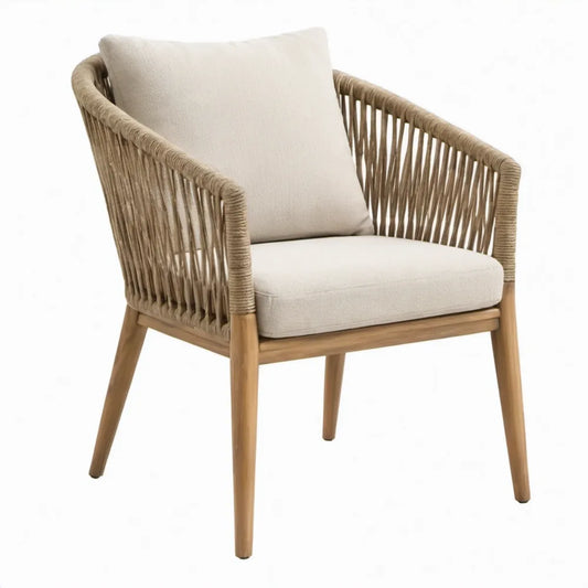 Tuinstoel met armleuningen van massief acaciahout en beige polypropyleentouw, 65 x 65 x 80 cm
