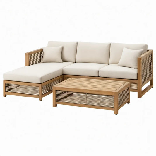 Loungeset van massief acaciahout met linker chaise longue en salontafel, 240 x 160 x 76 cm, naturel/beige