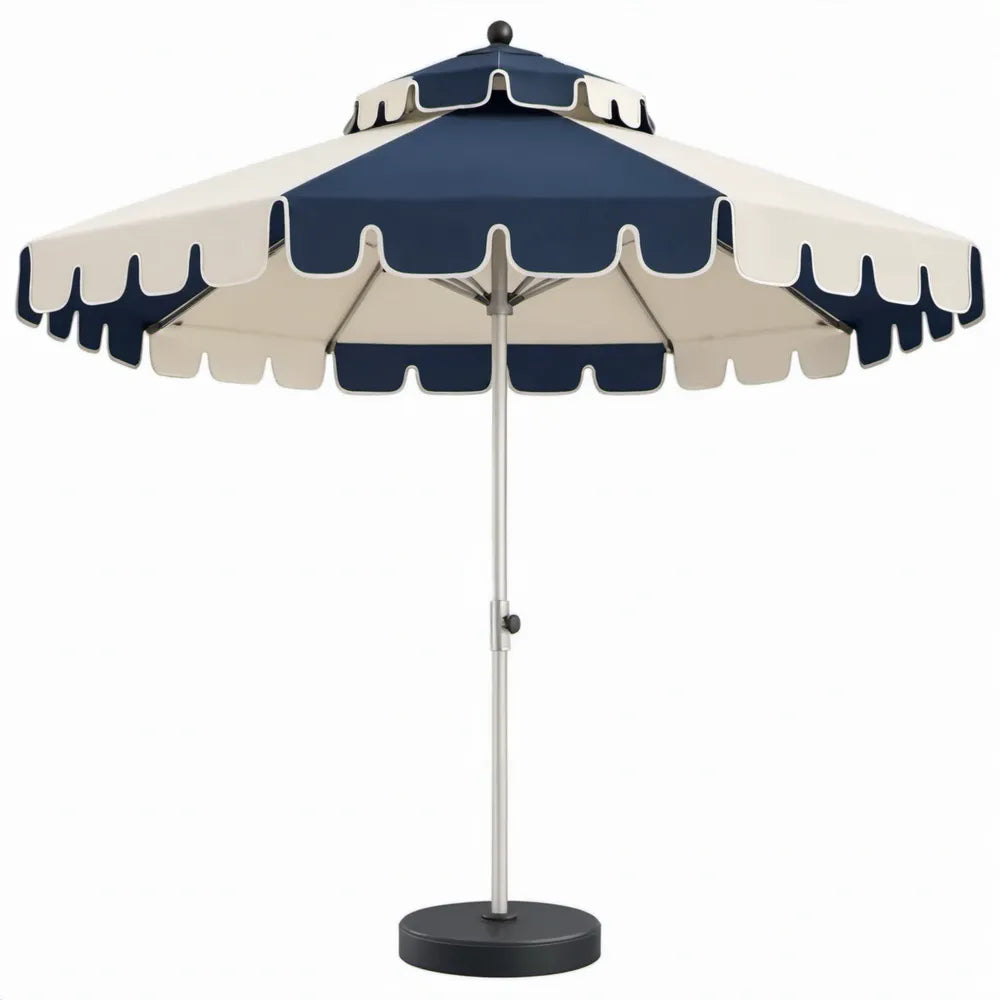 Achthoekige parasol 270 cm donkerblauw en crème met voet