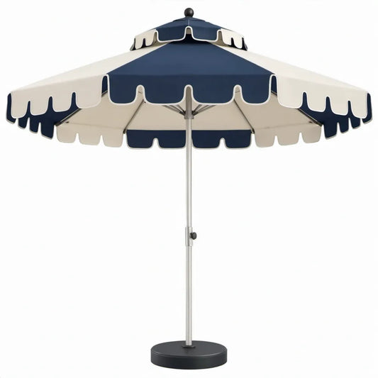 Achthoekige parasol 270 cm donkerblauw en crème met voet