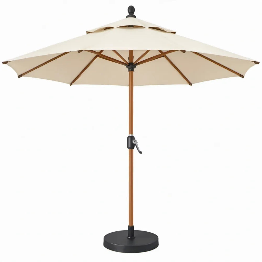Stokparasol Ø 300 cm met hardhouten mast, zwengel en ronde voet - Crème/Bruin/Zwart