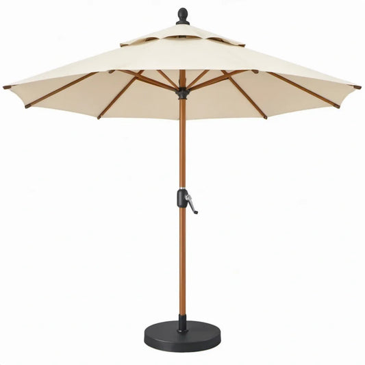 Stokparasol Ø 300 cm met hardhouten mast, zwengel en ronde voet - Crème/Bruin/Zwart