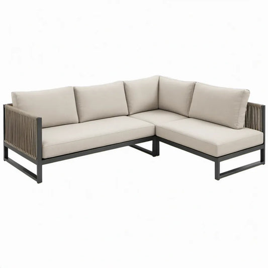 L-vormige hoekopstelling 4-zits van aluminium en polypropyleen, 225 x 225 x 75 cm, Beige/Zwart/Taupe