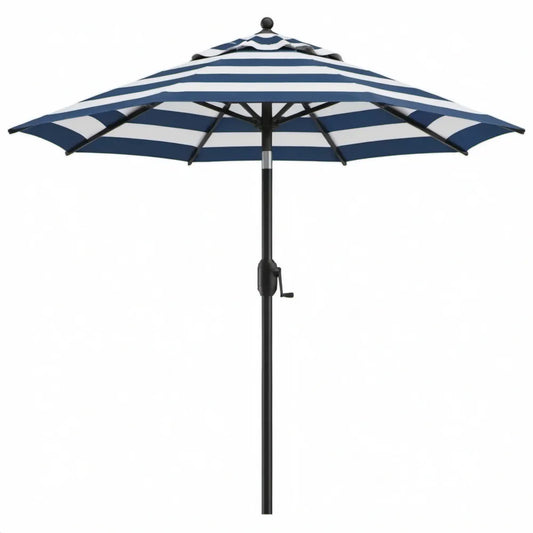 Blauw-wit gestreepte tuinparasol met zwengel, Ø 270 cm, 240 cm hoog