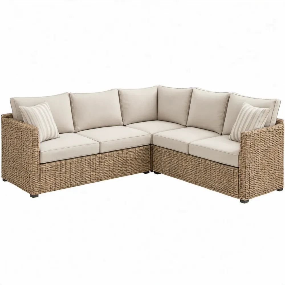 5-zits hoekloungeset in L-vorm van PE-rattan met beige kussens, 220 x 220 x 85 cm