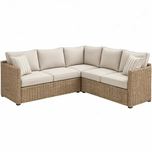 5-zits hoekloungeset in L-vorm van PE-rattan met beige kussens, 220 x 220 x 85 cm