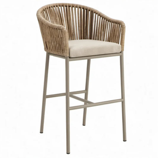 Taupe/Beige Barstoel met Armleuningen van Staal en Polyester Touw, 56 x 59 x 108 cm