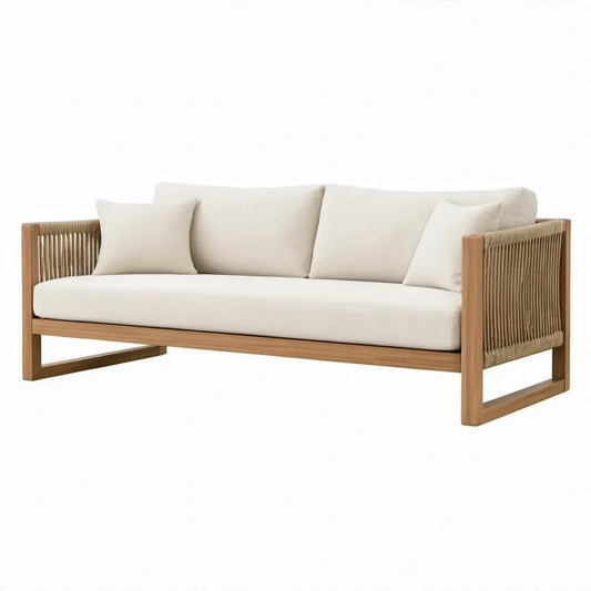 3-zits tuinbank met kussens, 200 x 75 x 75 cm, naturel acaciahout, beige touw en gebroken wit