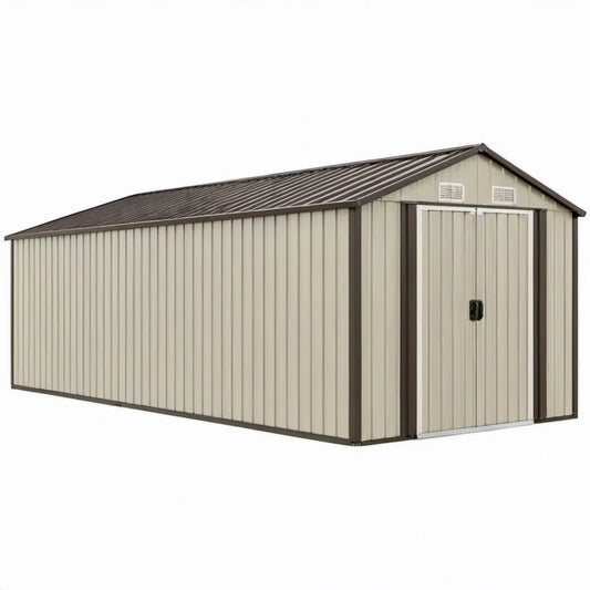 Metalen opbergschuur 340 x 240 x 210 cm Beige/Donkerbruin Gegalvaniseerd Staal met Dubbele Deur