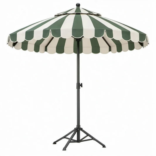 Ronde tuinparasol 270 cm groen/crème met zwarte stalen mast en vierpootsvoet, hoogte 240 cm
