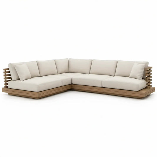 L-vormige tuinloungebank van massief acaciahout met beige kussens, 300 x 300 x 70 cm